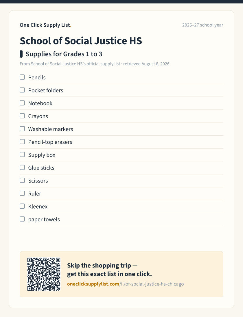 School of Social Justice HS Supplies for Grades 1 to 3 supply list — printable image