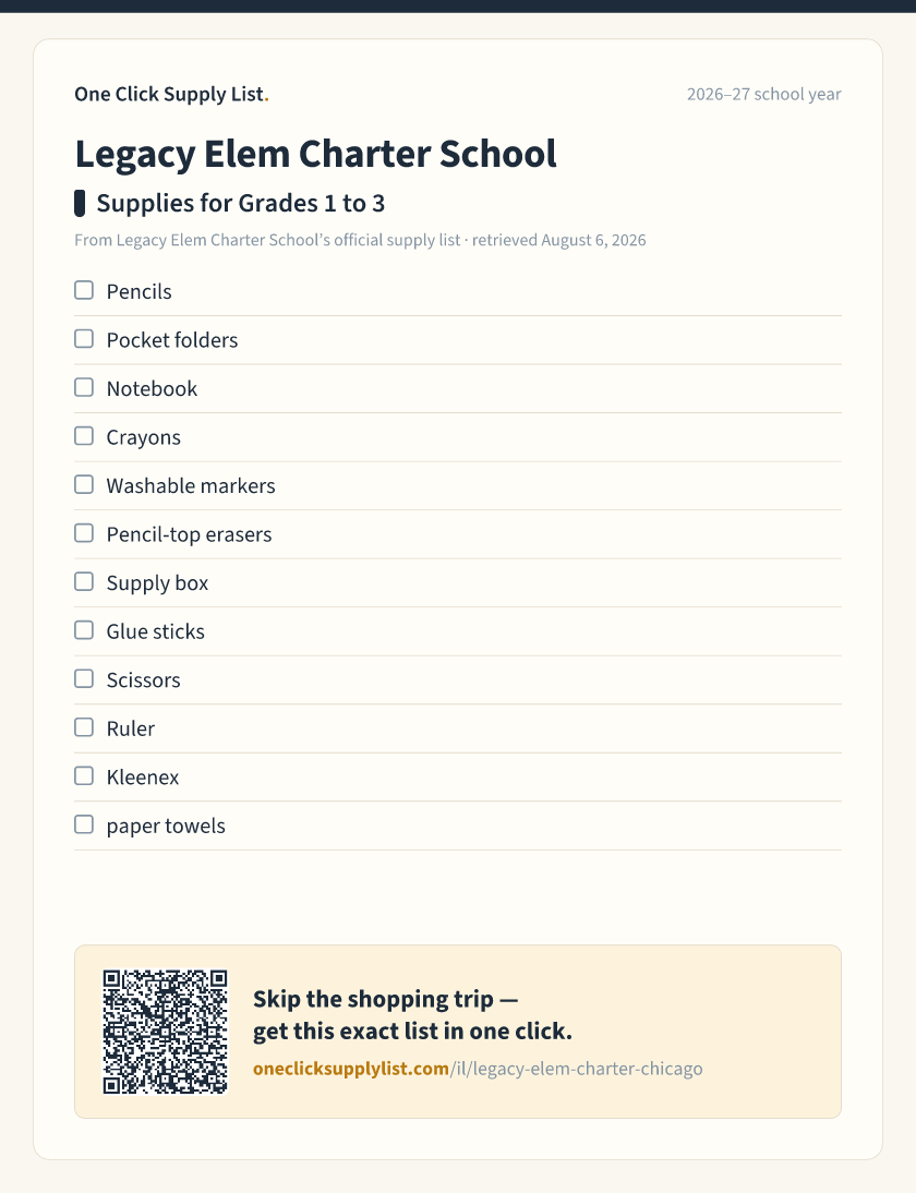 Legacy Elem Charter School Supplies for Grades 1 to 3 supply list — printable image
