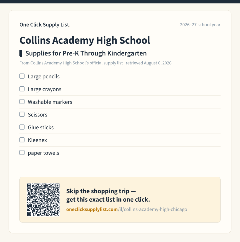 Collins Academy High School Supplies for Pre-K Through Kindergarten supply list — printable image
