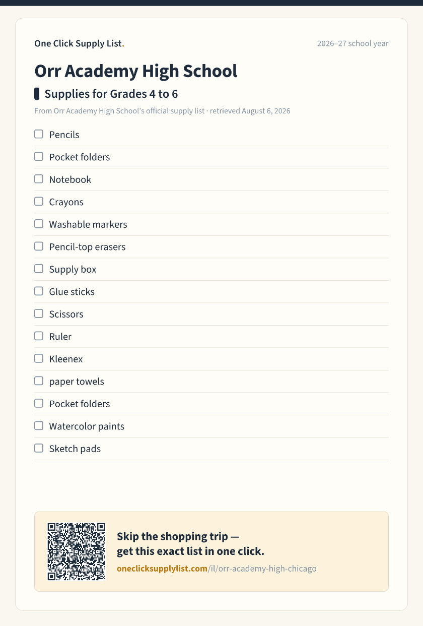 Orr Academy High School Supplies for Grades 4 to 6 supply list — printable image
