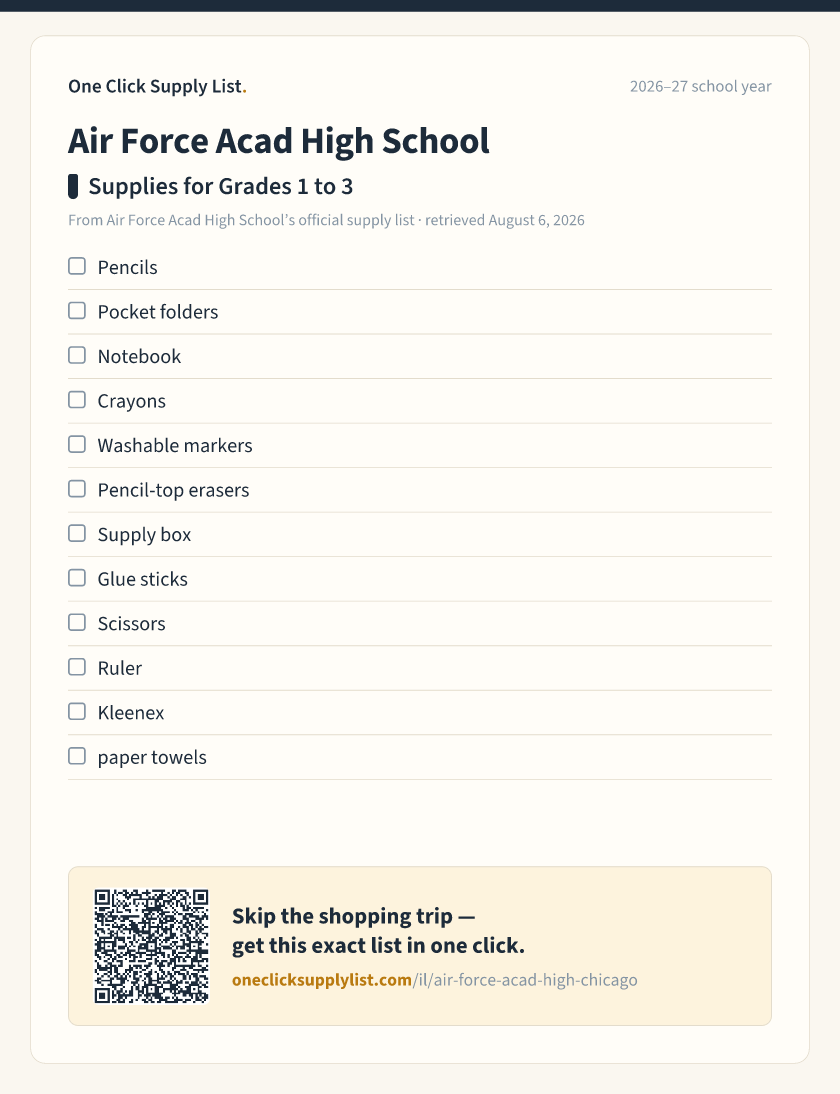 Air Force Acad High School Supplies for Grades 1 to 3 supply list — printable image