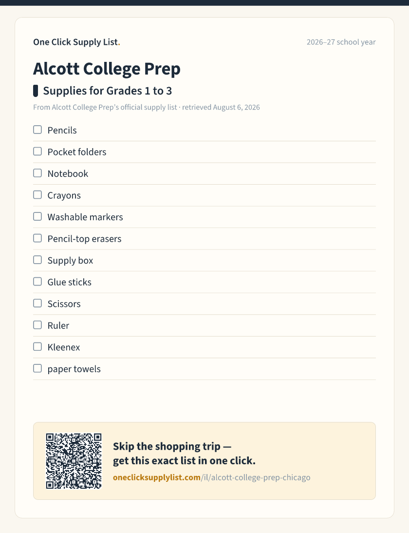 Alcott College Prep Supplies for Grades 1 to 3 supply list — printable image