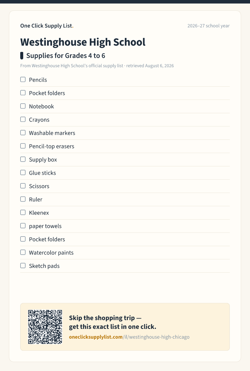 Westinghouse High School Supplies for Grades 4 to 6 supply list — printable image