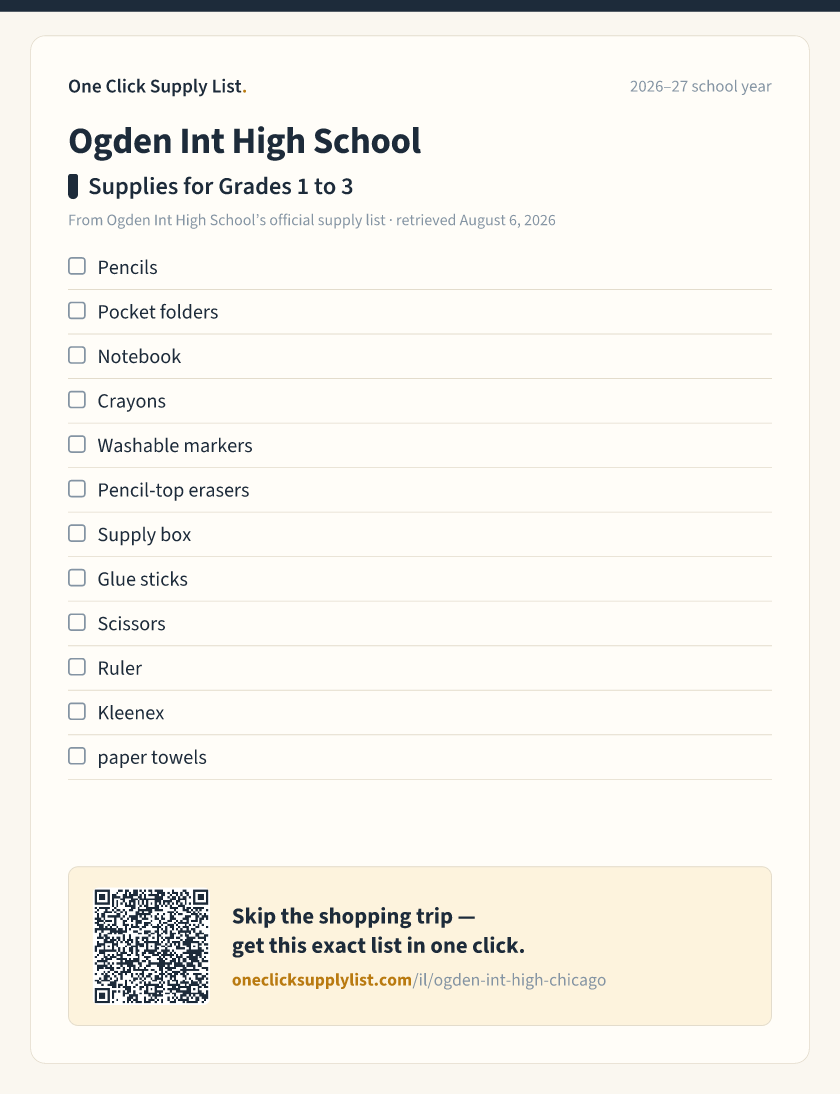 Ogden Int High School Supplies for Grades 1 to 3 supply list — printable image