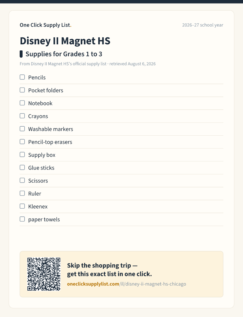 Disney II Magnet HS Supplies for Grades 1 to 3 supply list — printable image
