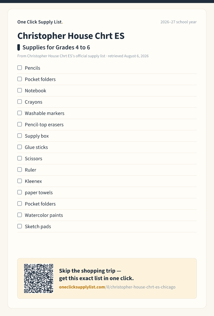 Christopher House Chrt ES Supplies for Grades 4 to 6 supply list — printable image