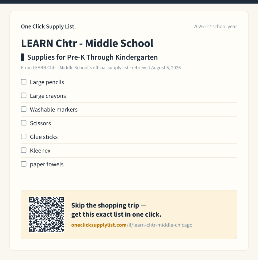 LEARN Chtr - Middle School Supplies for Pre-K Through Kindergarten supply list — printable image