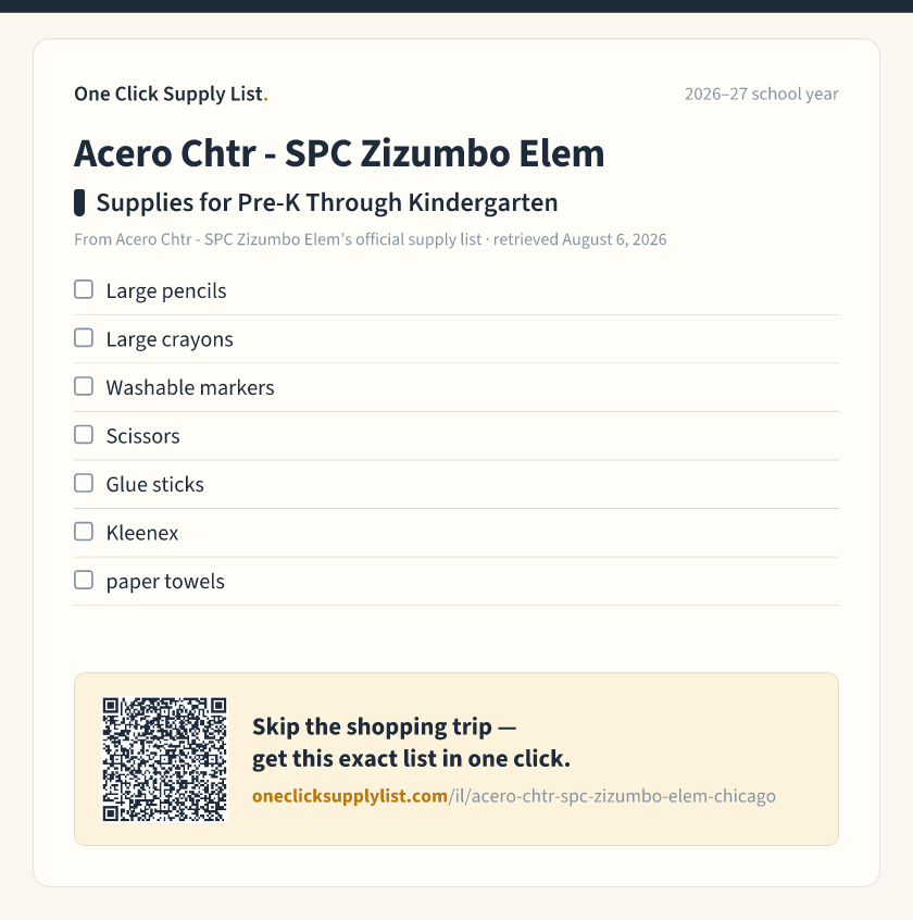 Acero Chtr - SPC Zizumbo Elem Supplies for Pre-K Through Kindergarten supply list — printable image