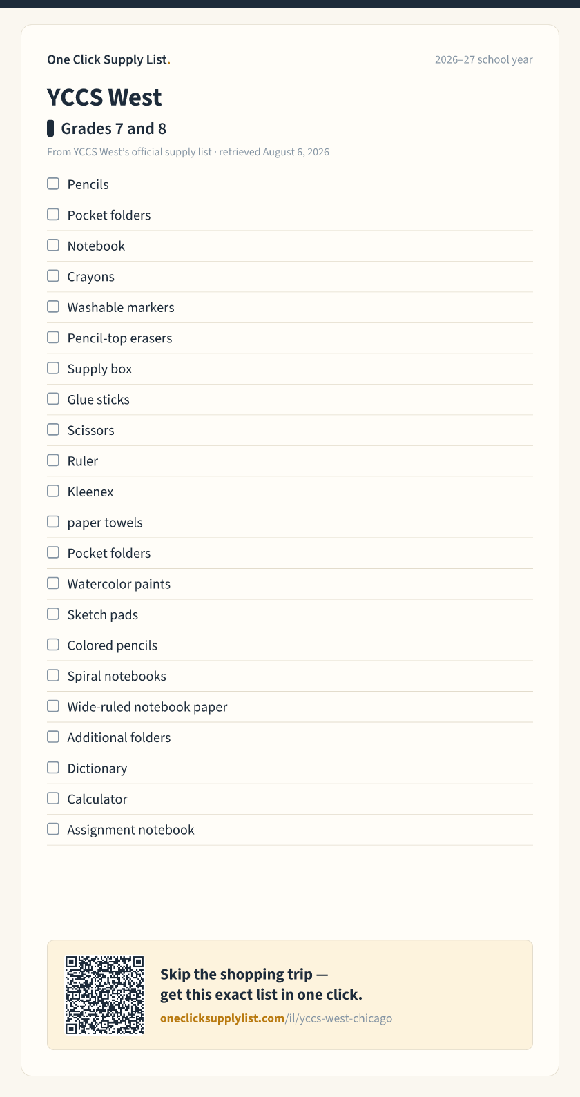 YCCS West Grades 7 and 8 supply list — printable image