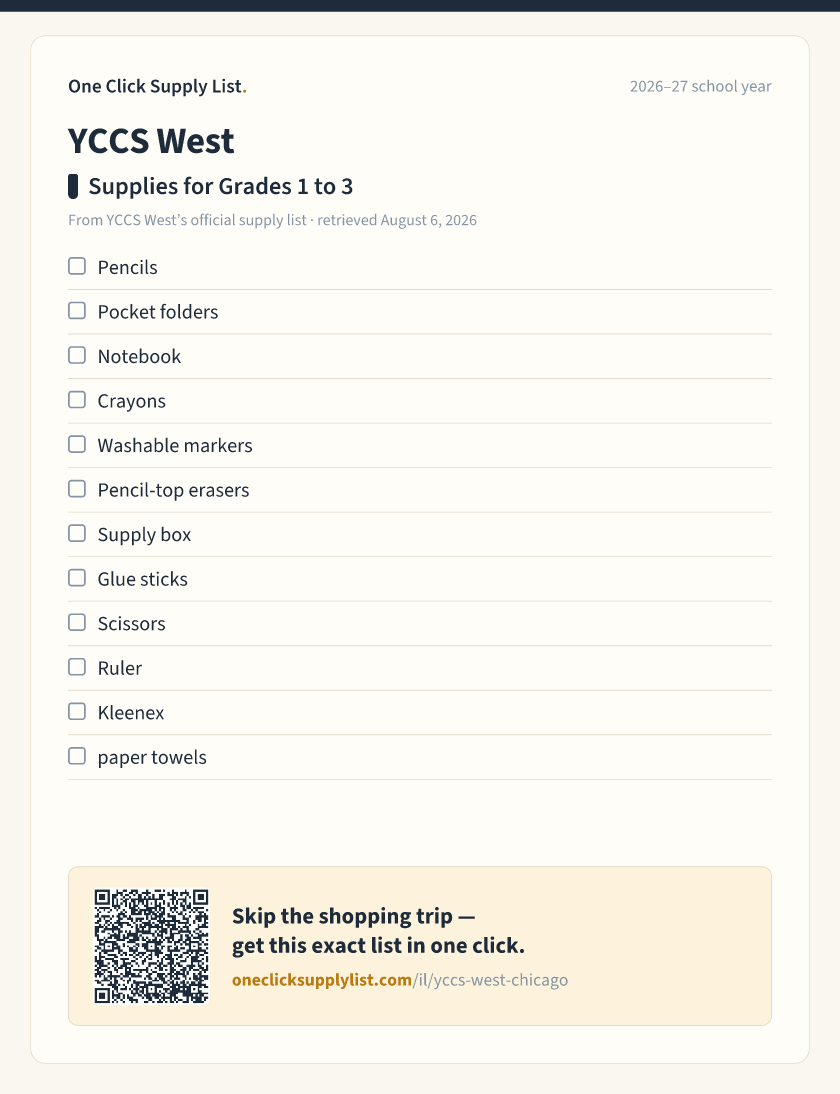 YCCS West Supplies for Grades 1 to 3 supply list — printable image