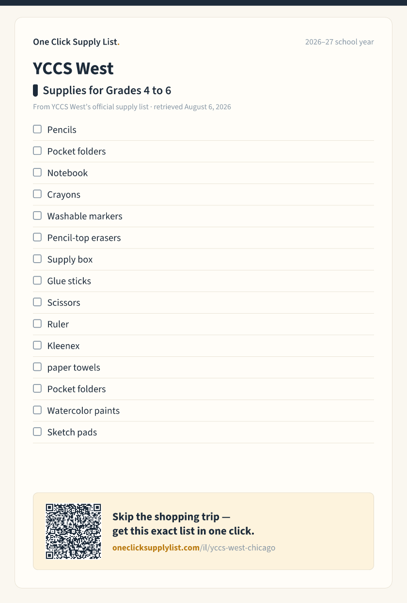 YCCS West Supplies for Grades 4 to 6 supply list — printable image