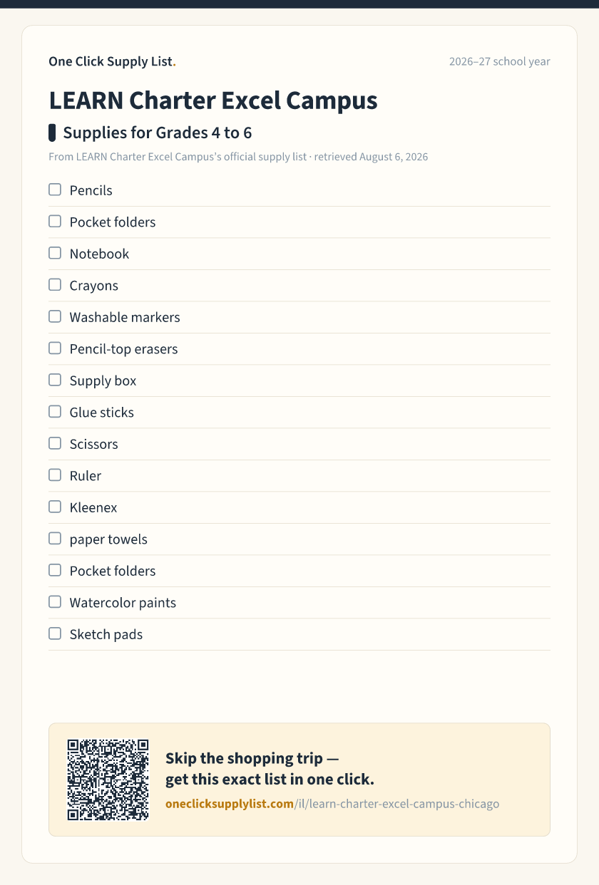 LEARN Charter Excel Campus Supplies for Grades 4 to 6 supply list — printable image