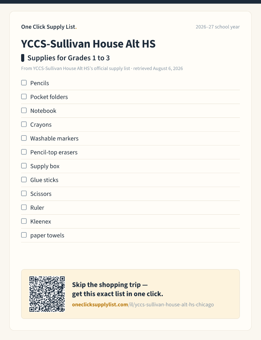 YCCS-Sullivan House Alt HS Supplies for Grades 1 to 3 supply list — printable image