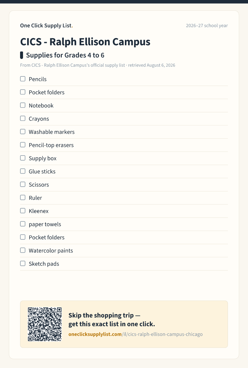 CICS - Ralph Ellison Campus Supplies for Grades 4 to 6 supply list — printable image