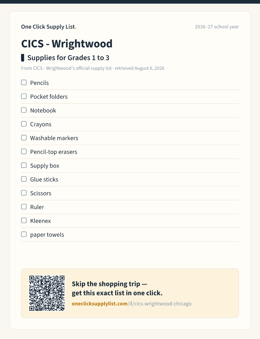 CICS - Wrightwood Supplies for Grades 1 to 3 supply list — printable image