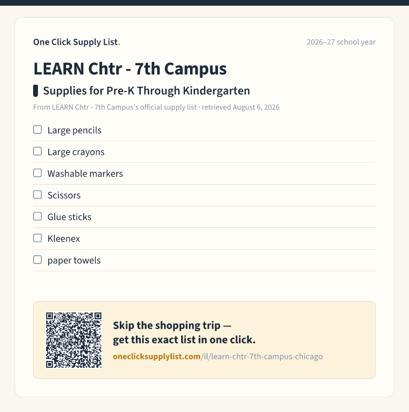 LEARN Chtr - 7th Campus Supplies for Pre-K Through Kindergarten supply list — printable image
