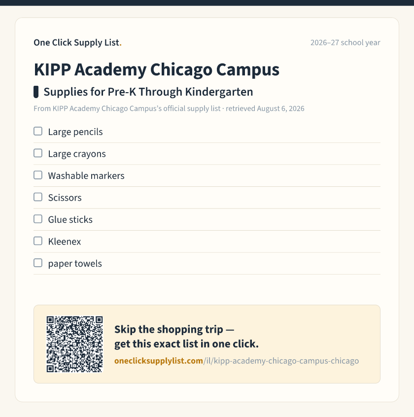 KIPP Academy Chicago Campus Supplies for Pre-K Through Kindergarten supply list — printable image