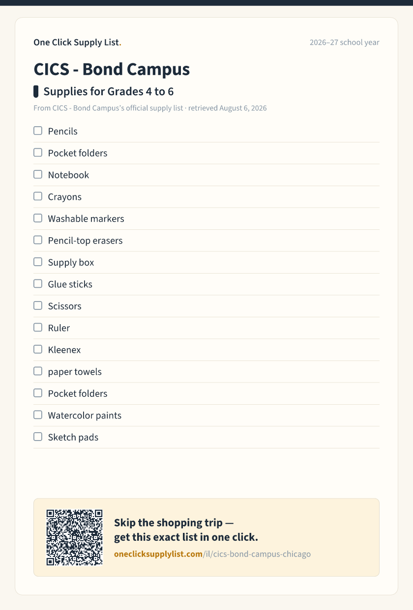 CICS - Bond Campus Supplies for Grades 4 to 6 supply list — printable image