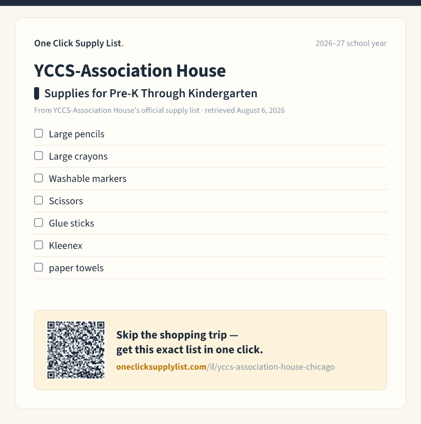 YCCS-Association House Supplies for Pre-K Through Kindergarten supply list — printable image