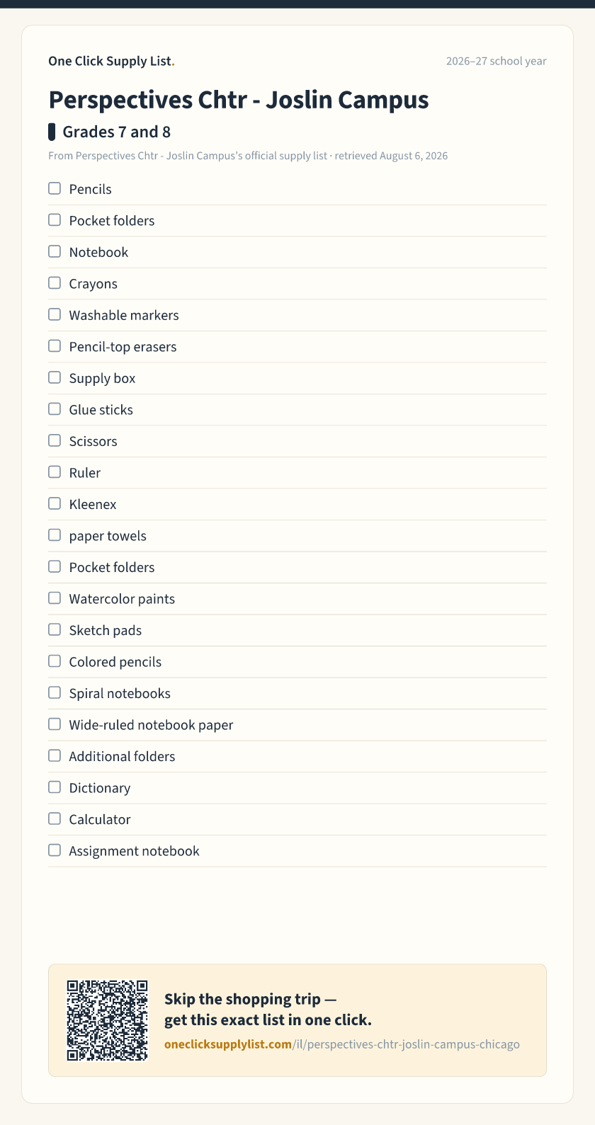 Perspectives Chtr - Joslin Campus Grades 7 and 8 supply list — printable image