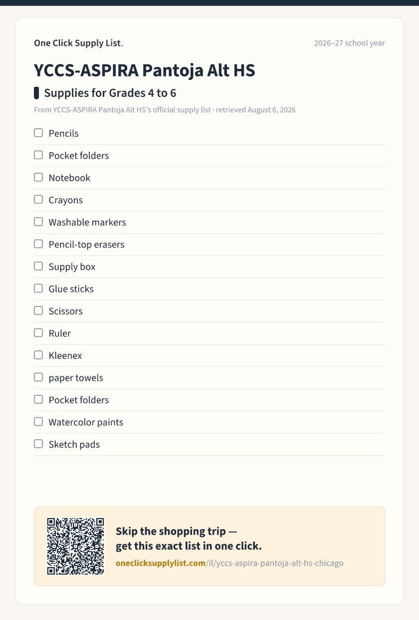 YCCS-ASPIRA Pantoja Alt HS Supplies for Grades 4 to 6 supply list — printable image