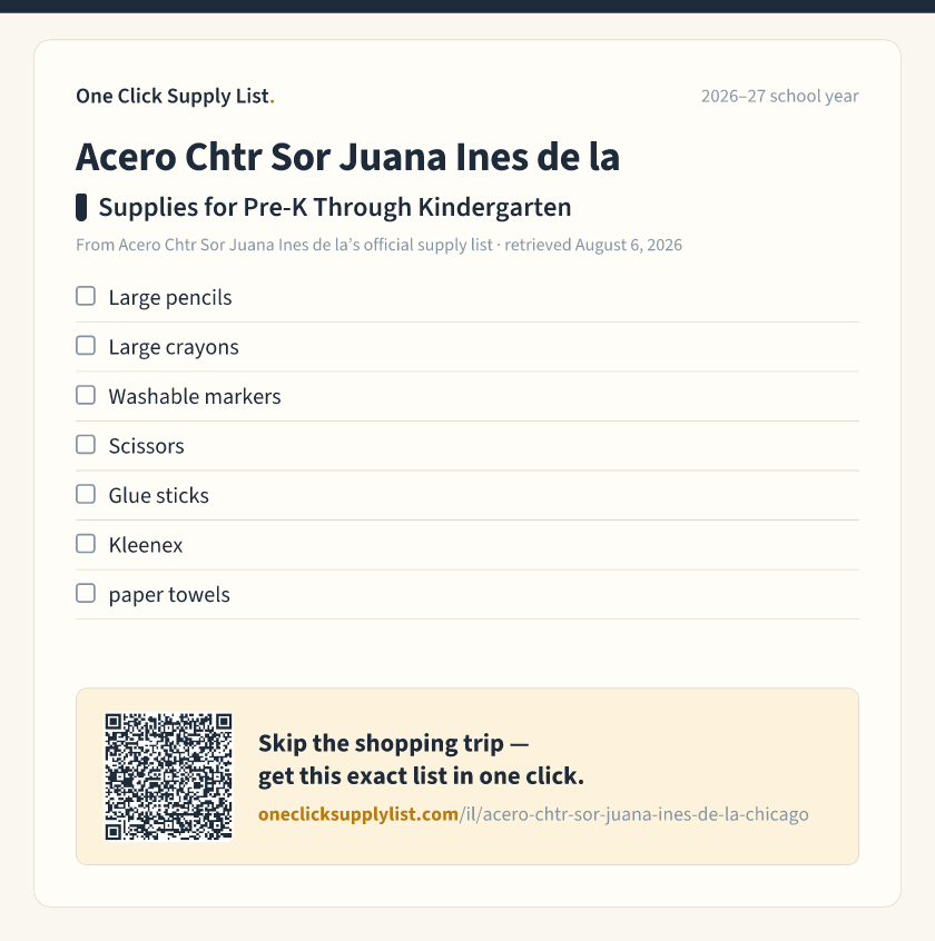 Acero Chtr Sor Juana Ines de la Supplies for Pre-K Through Kindergarten supply list — printable image