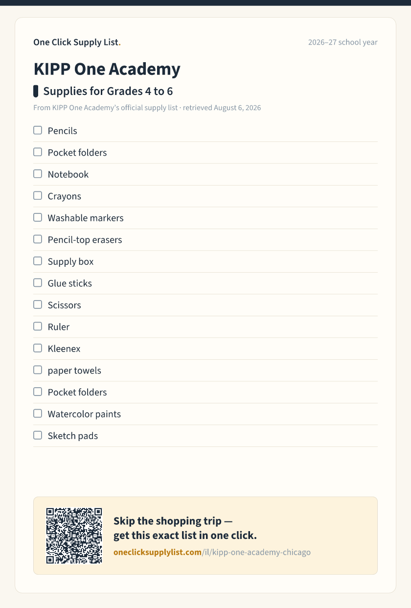 KIPP One Academy Supplies for Grades 4 to 6 supply list — printable image