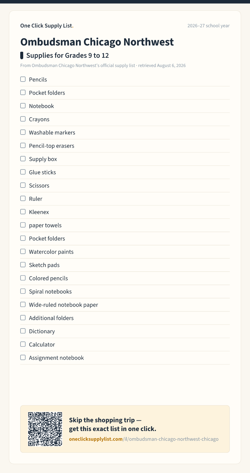 Ombudsman Chicago Northwest Supplies for Grades 9 to 12 supply list — printable image