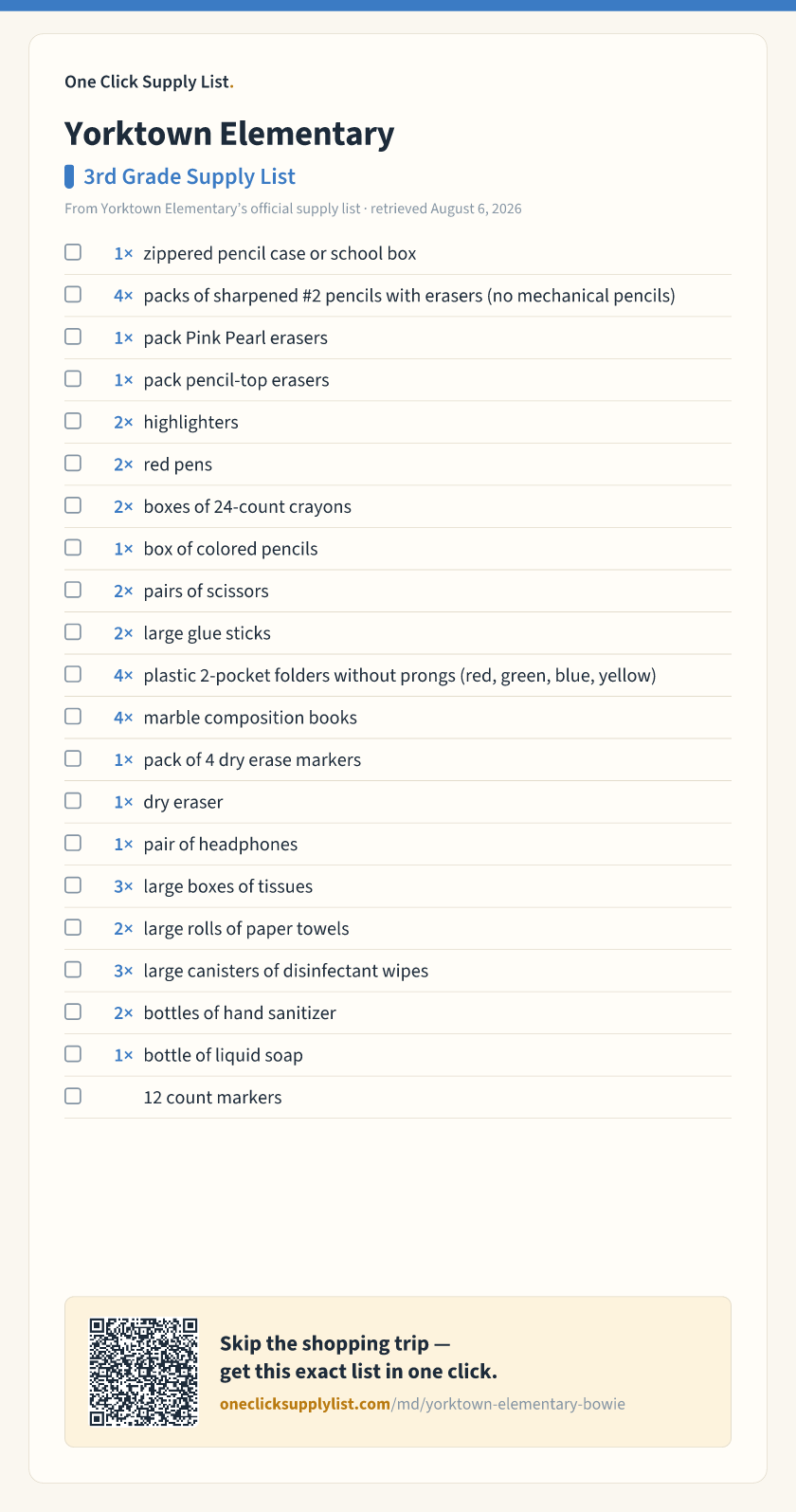 Yorktown Elementary 3rd Grade Supply List supply list — printable image