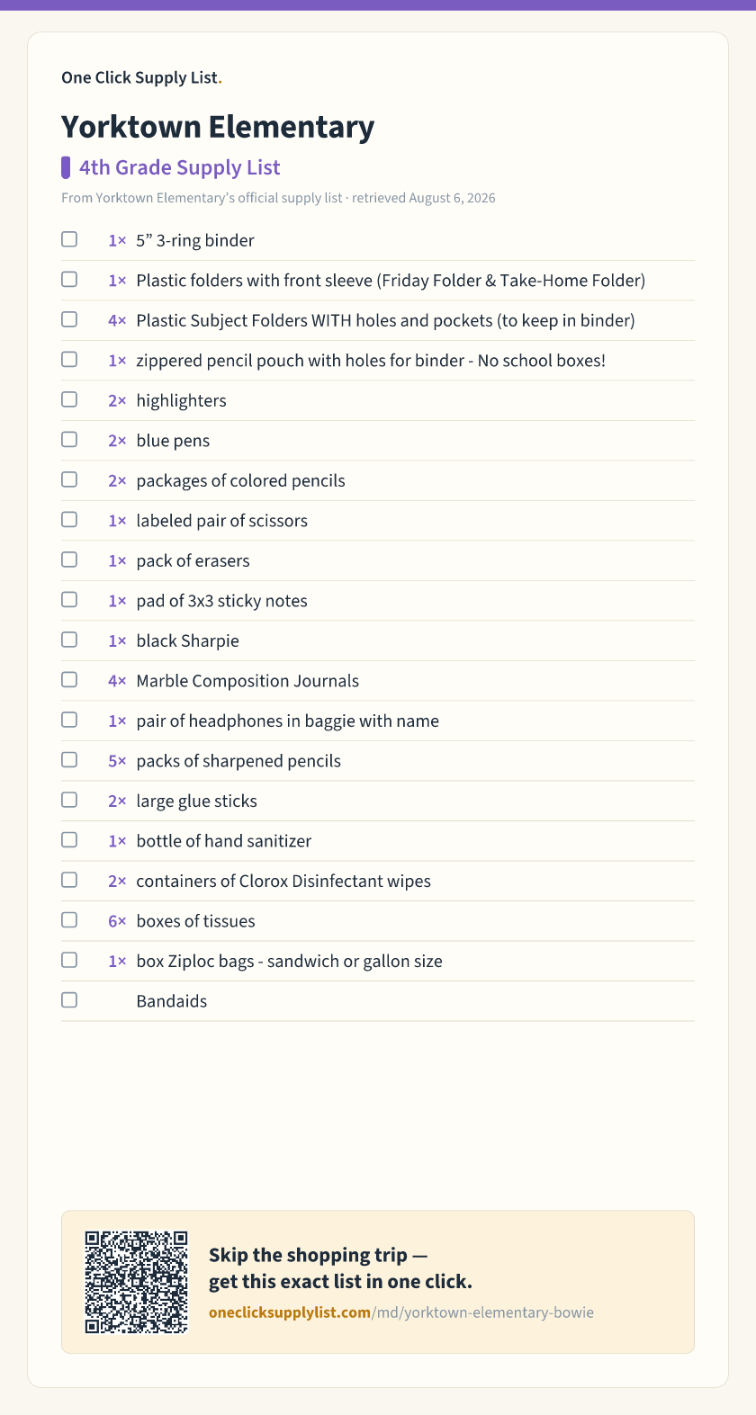 Yorktown Elementary 4th Grade Supply List supply list — printable image