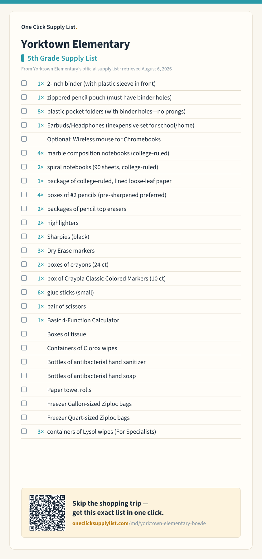 Yorktown Elementary 5th Grade Supply List supply list — printable image
