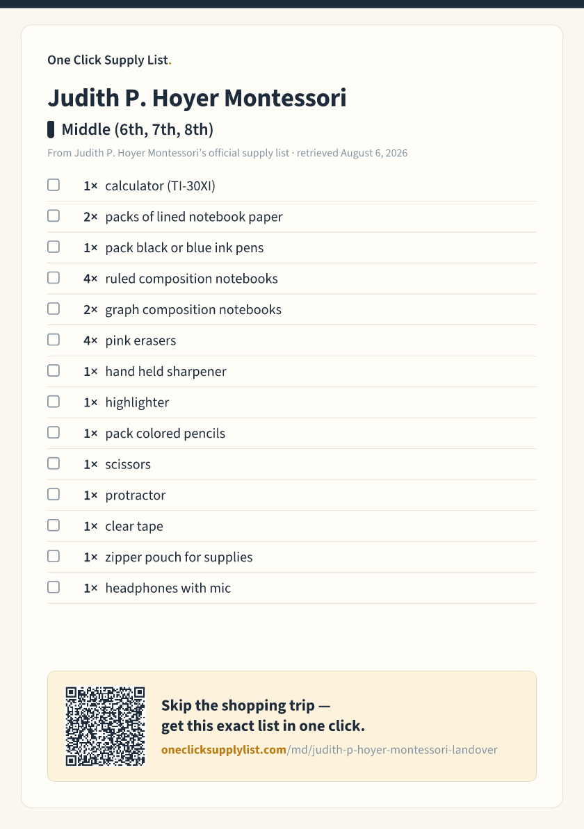 Judith P. Hoyer Montessori Middle (6th, 7th, 8th) supply list — printable image