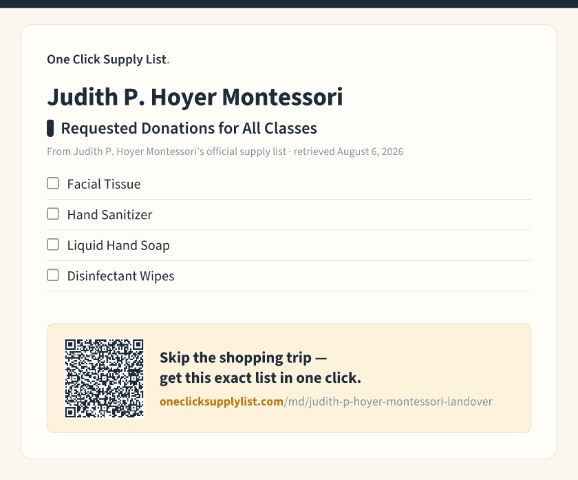 Judith P. Hoyer Montessori Requested Donations for All Classes supply list — printable image