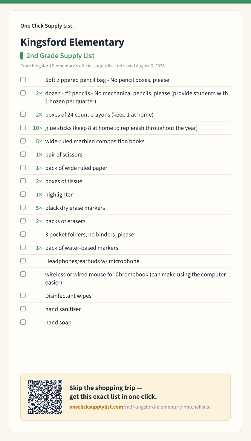 Kingsford Elementary 2nd Grade Supply List supply list — printable image