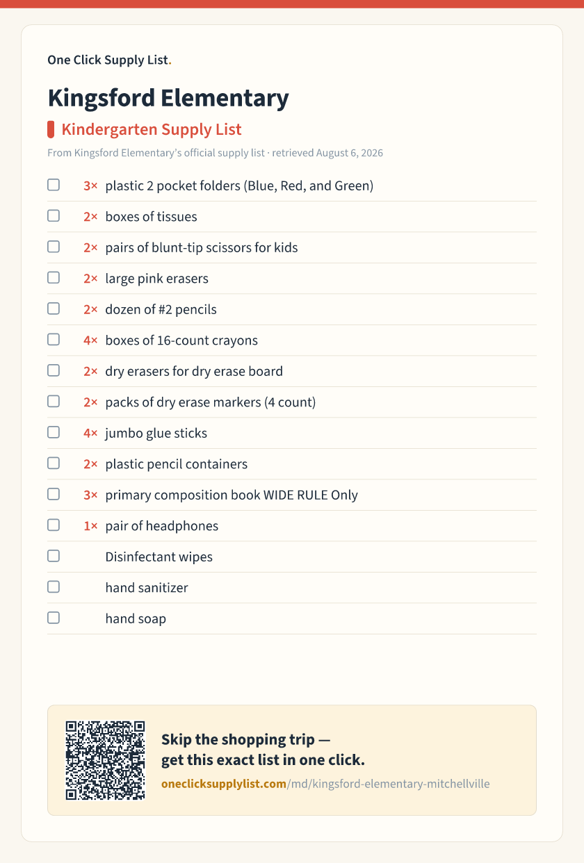 Kingsford Elementary Kindergarten Supply List supply list — printable image