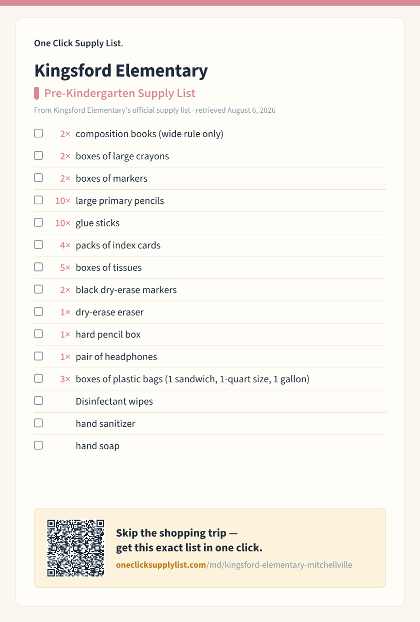Kingsford Elementary Pre-Kindergarten Supply List supply list — printable image