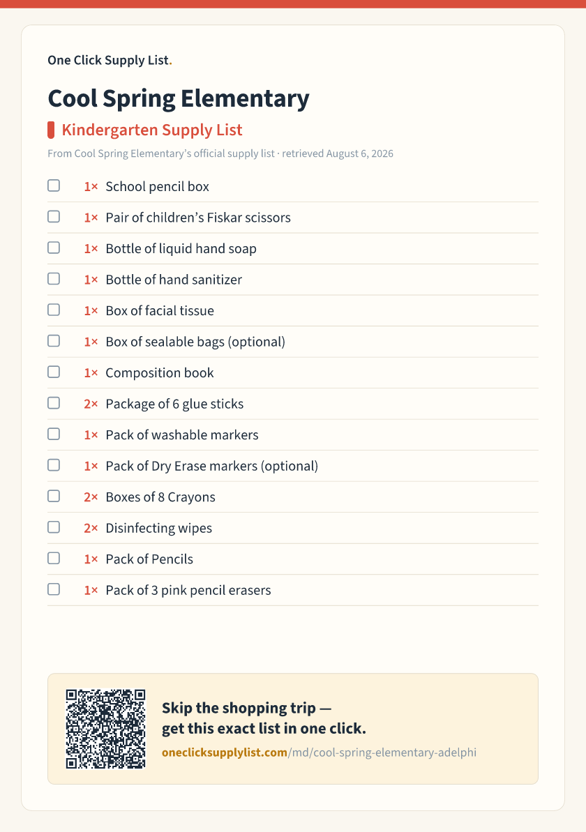 Cool Spring Elementary Kindergarten Supply List supply list — printable image