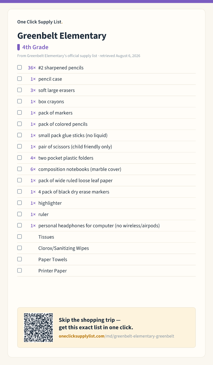 Greenbelt Elementary 4th Grade supply list — printable image