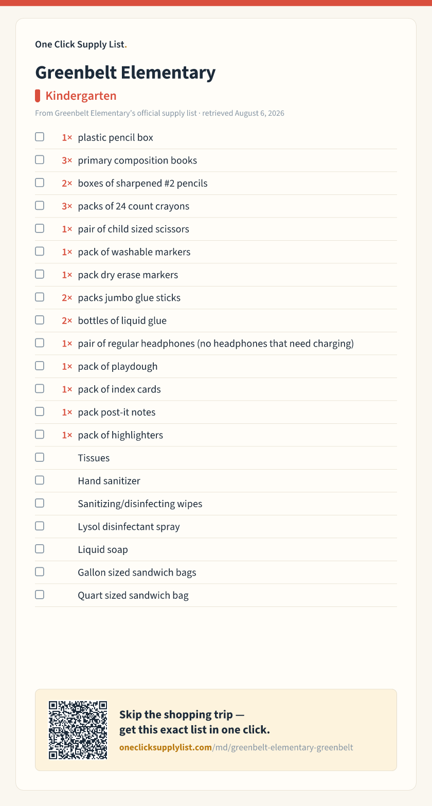 Greenbelt Elementary Kindergarten supply list — printable image
