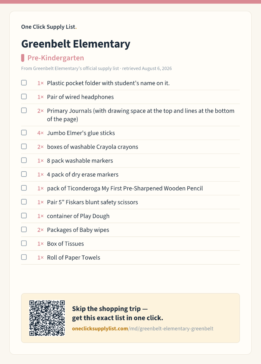 Greenbelt Elementary Pre-Kindergarten supply list — printable image