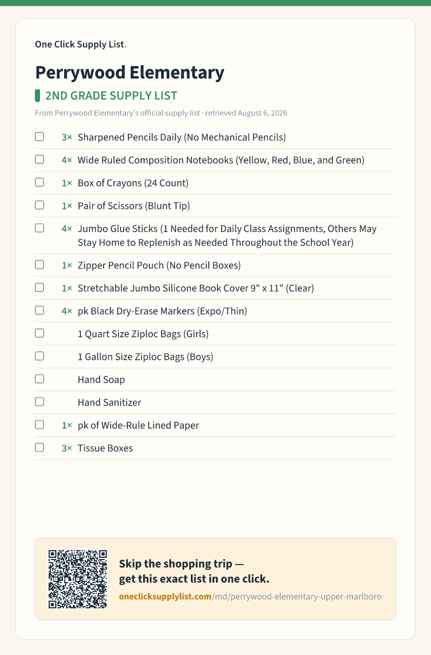 Perrywood Elementary 2ND GRADE SUPPLY LIST supply list — printable image