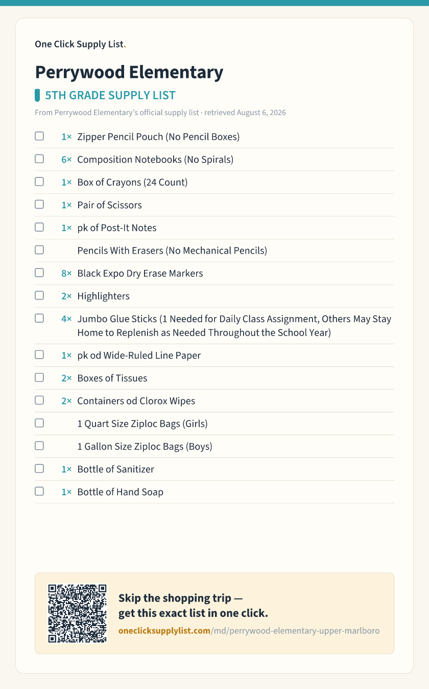 Perrywood Elementary 5TH GRADE SUPPLY LIST supply list — printable image