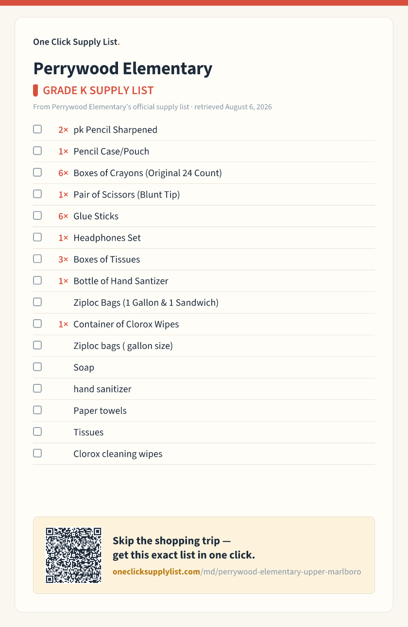 Perrywood Elementary GRADE K SUPPLY LIST supply list — printable image