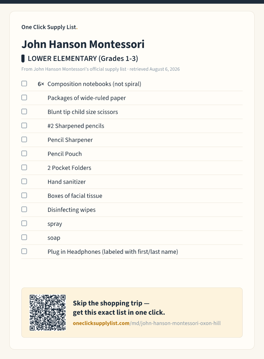 John Hanson Montessori LOWER ELEMENTARY (Grades 1-3) supply list — printable image