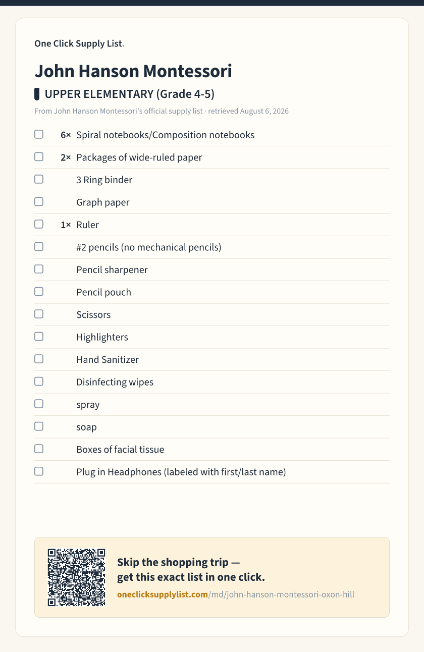 John Hanson Montessori UPPER ELEMENTARY (Grade 4-5) supply list — printable image
