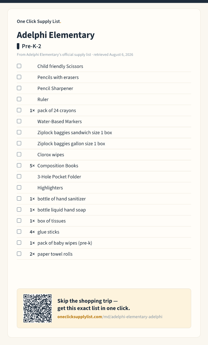 Adelphi Elementary Pre-K-2 supply list — printable image