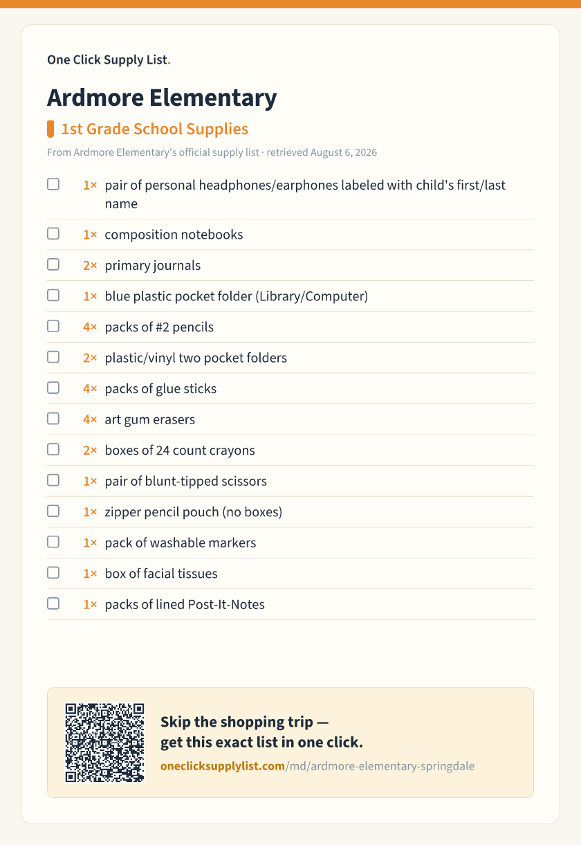 Ardmore Elementary 1st Grade School Supplies supply list — printable image