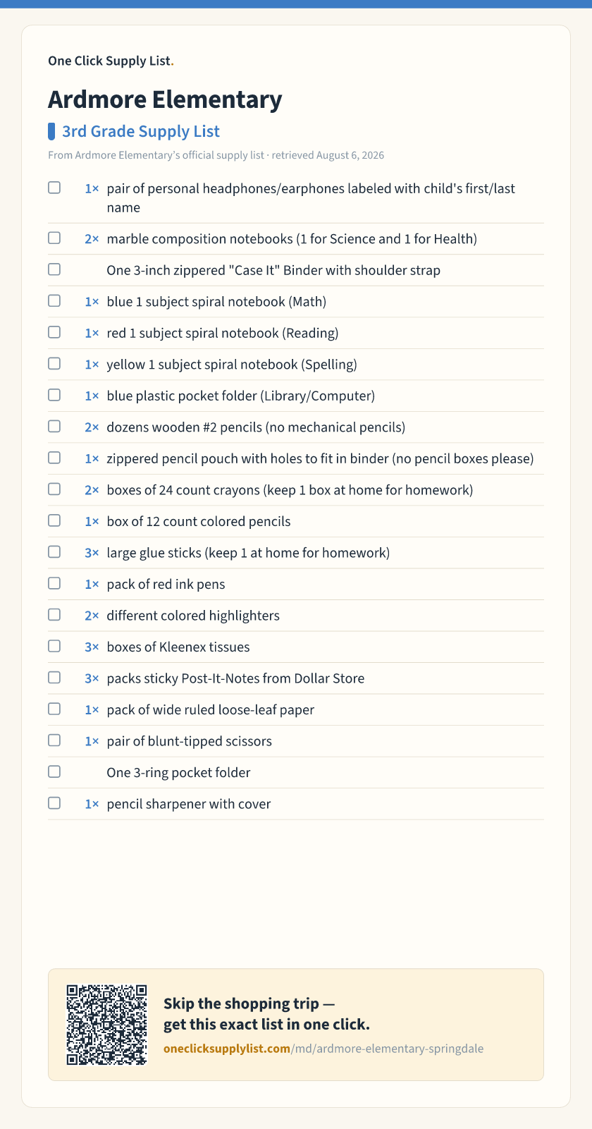 Ardmore Elementary 3rd Grade Supply List supply list — printable image