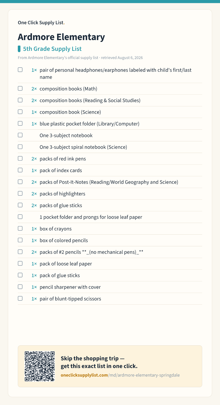 Ardmore Elementary 5th Grade Supply List supply list — printable image