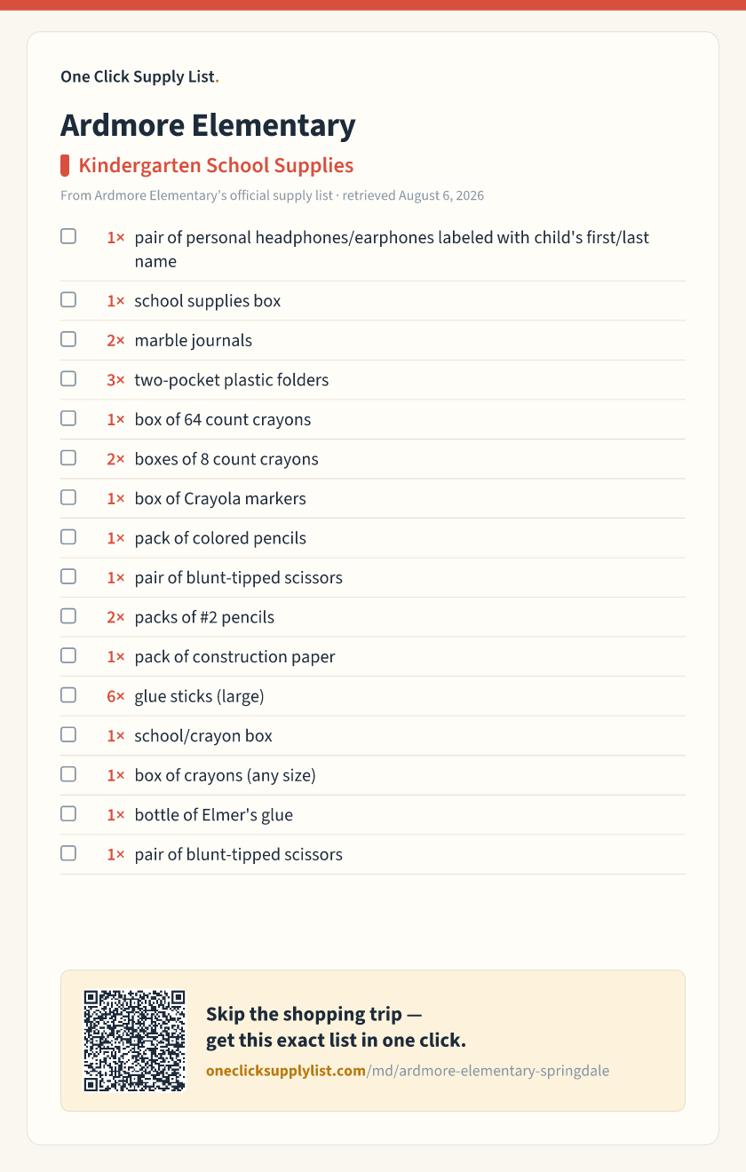 Ardmore Elementary Kindergarten School Supplies supply list — printable image